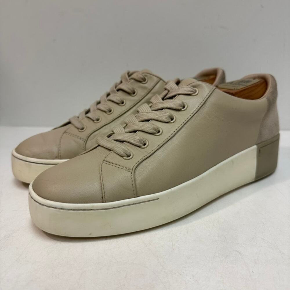 VGUC Vince Bensley Mixed Leather Low-Top Platform Heel Sneaker Almond 9 M